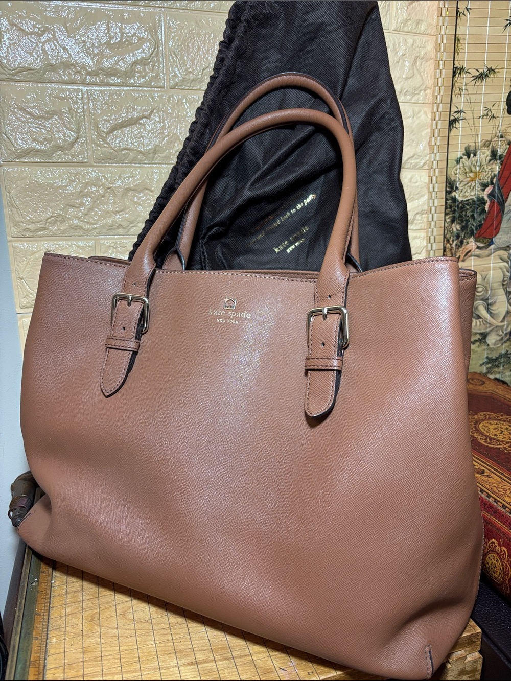 Kate Spade Tote Tan Dune Safiano Leather Ariel Structured Design and Dust Bag